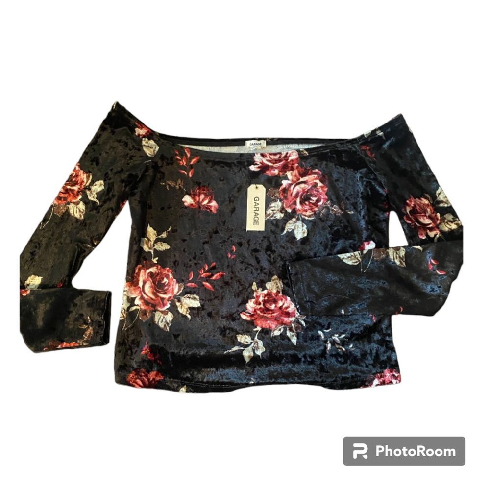 Garage NWT Women's velvet off the shoulder floral long‎ sleeve crop top